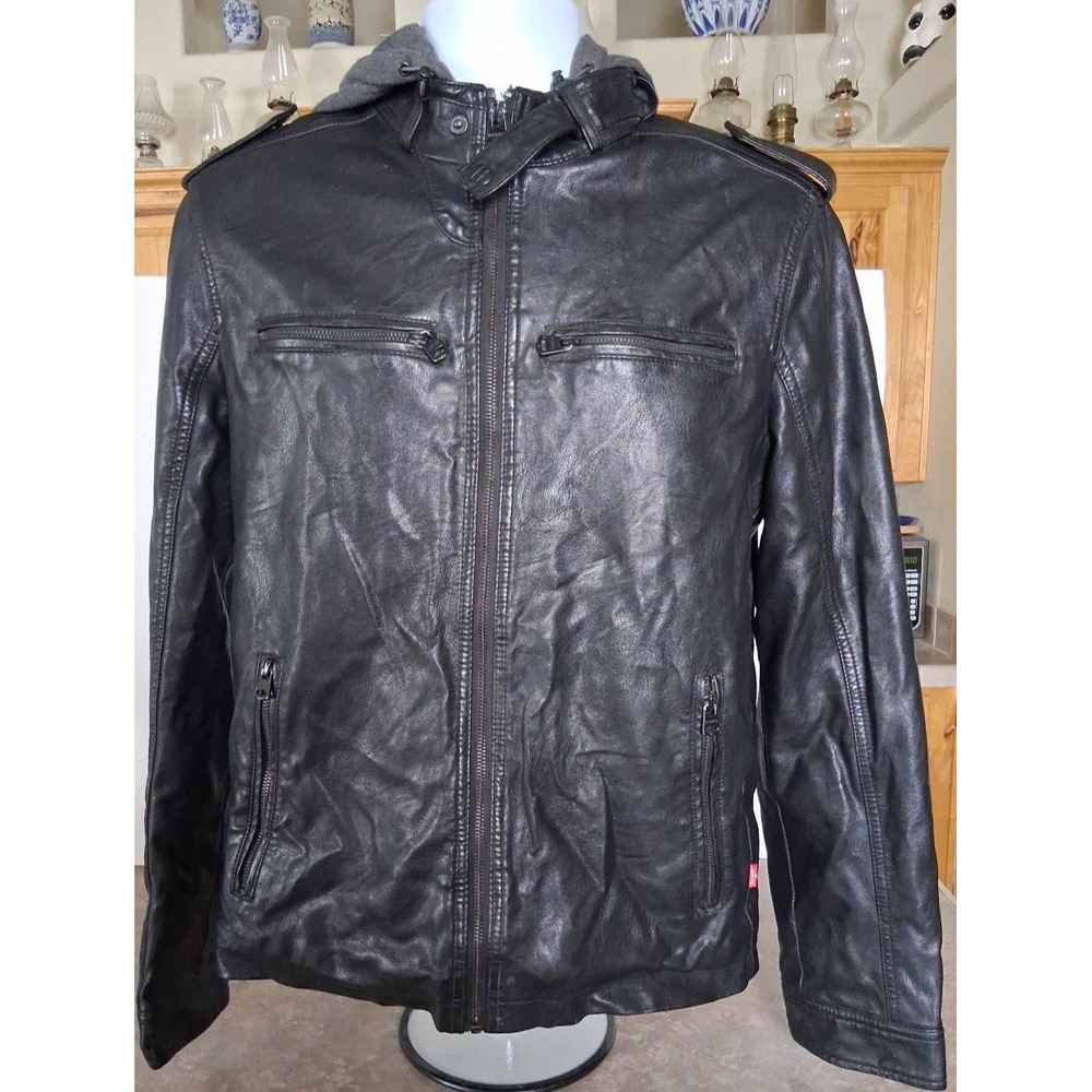 Levi's Faux Leather Moto Hoodie Jacket Hood Size S, Full Zip Burnished Accents